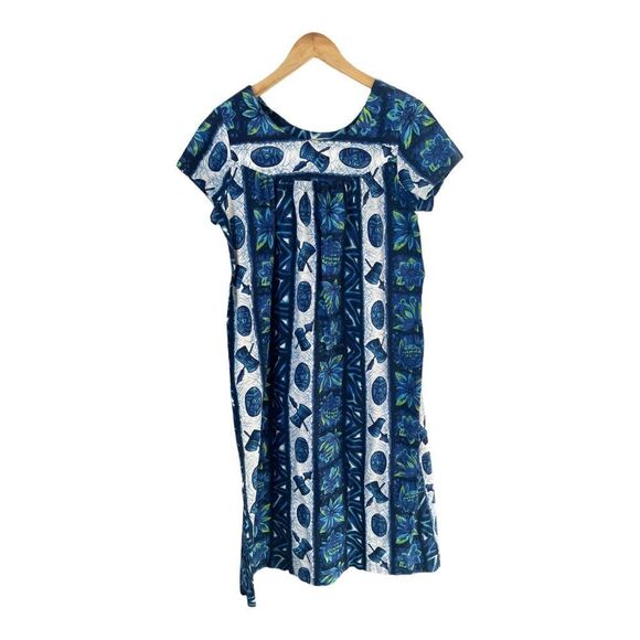 VTG Authentic Ui-Maikai 1960s BLUE WHITE FLORAL Hawaiian Dress Cotton Size M - Picture 1 of 8